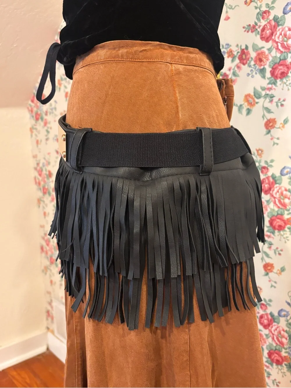 Black Fringe Hip Belt Gold Metal Goth Western Cowgirl Costume